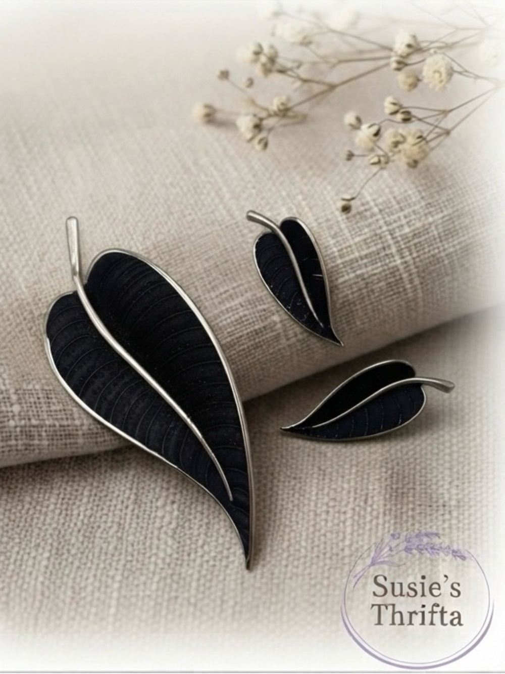 Black Enamel Leaf Brooch and Clip-On Earring Set